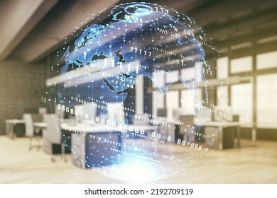 Multi exposure of abstract software development hologram and world map on modern corporate office background, global research and analytics concept