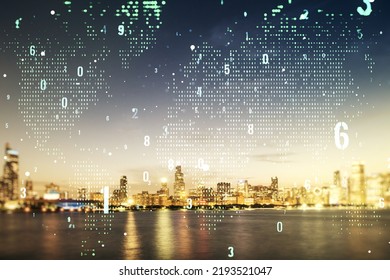 Multi exposure of abstract software development hologram and world map on Chicago skyscrapers background, global research and analytics concept