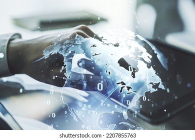 Multi exposure of abstract software development hologram with world map and finger presses on a digital tablet on background, global research and analytics concept