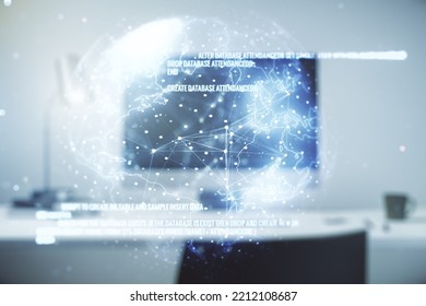 Multi exposure of abstract software development hologram with world map on laptop background, global research and analytics concept