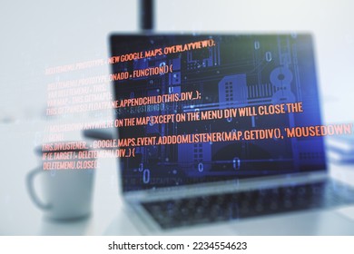 Multi exposure of abstract software development hologram on laptop background, research and analytics concept