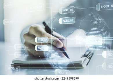 Multi exposure of abstract software development hologram with world map and man hand writing in notebook on background, global research and analytics concept