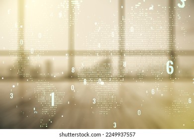 Multi exposure of abstract software development hologram and world map on empty modern office background, global research and analytics concept
