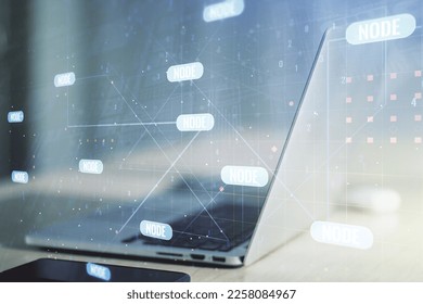 Multi exposure of abstract software development hologram on laptop background, research and analytics concept