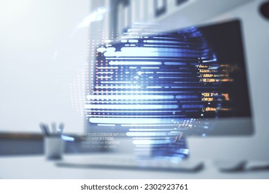 Multi exposure of abstract software development hologram with world map and modern desktop with laptop on background, global research and analytics concept