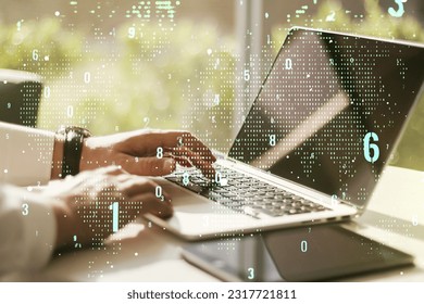 Multi exposure of abstract software development hologram with world map and hands typing on computer keyboard on background, global research and analytics concept