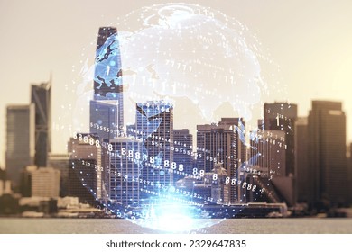Multi exposure of abstract software development hologram and world map on San Francisco skyscrapers background, global research and analytics concept