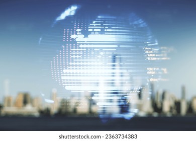 Multi exposure of abstract software development hologram and world map on blurry cityscape background, global research and analytics concept