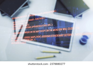 Multi exposure of abstract software development hologram and digital tablet on background, top view, research and analytics concept