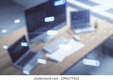 Multi exposure of abstract software development hologram and modern desktop with laptop on background, research and analytics concept