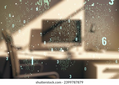 Multi exposure of abstract software development hologram with world map and modern desktop with laptop on background, global research and analytics concept