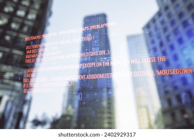 Multi exposure of abstract software development hologram on modern skyscrapers background, research and analytics concept