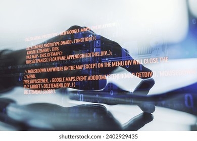 Multi exposure of abstract software development hologram and finger presses on a digital tablet on background, research and analytics concept