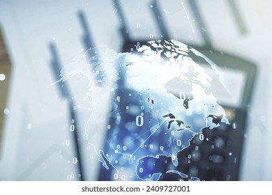 Multi exposure of abstract software development hologram and world map on blurry calculator background, global research and analytics concept