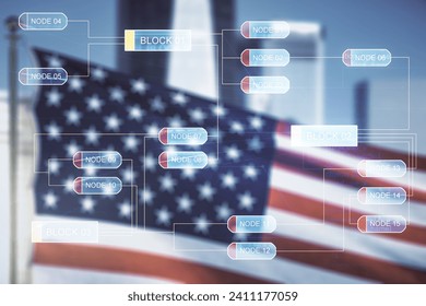 Multi exposure of abstract software development hologram on USA flag and blurry skyscrapers background, research and analytics concept - Powered by Shutterstock