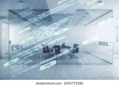 Multi exposure of abstract software development hologram on modern corporate office background, research and analytics concept