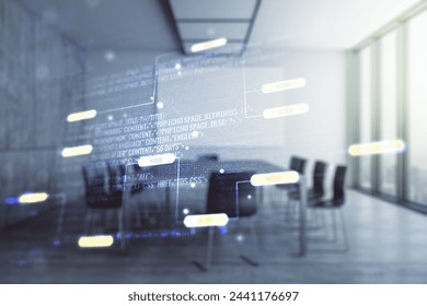 Multi exposure of abstract software development hologram on a modern meeting room background, research and analytics concept