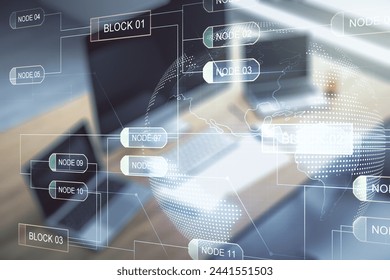Multi exposure of abstract software development hologram with world map and modern desktop with laptop on background, global research and analytics concept