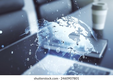 Multi exposure of abstract software development hologram with world map on laptop background, global research and analytics concept