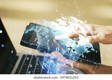 Multi exposure of abstract software development hologram with world map and finger presses on a digital tablet on background, global research and analytics concept