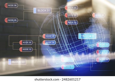 Multi exposure of abstract software development hologram and world map on modern business center exterior background, global research and analytics concept