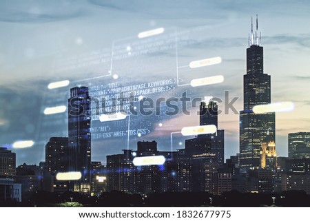 Multi exposure of abstract software development hologram on Chicago skyscrapers background, research and analytics concept