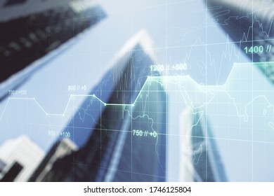 Multi exposure of abstract statistics data hologram interface on blurry cityscape background, computing and analytics concept