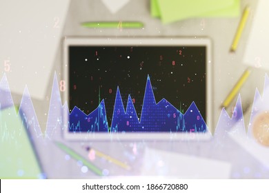 Multi exposure of abstract statistics data hologram interface and modern digital tablet on background, computing and analytics concept
