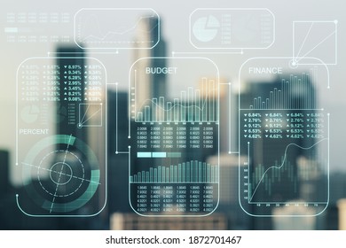 Multi exposure of abstract statistics data hologram interface on blurry office buildings background, computing and analytics concept
