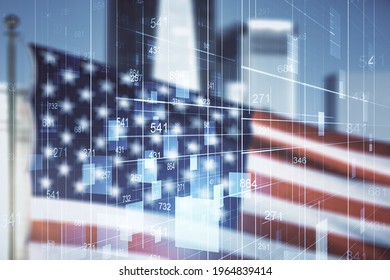 Multi exposure of abstract statistics data hologram interface on US flag and city background, computing and analytics concept