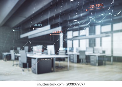Multi exposure of abstract statistics data hologram interface on a modern furnished office interior background, computing and analytics concept