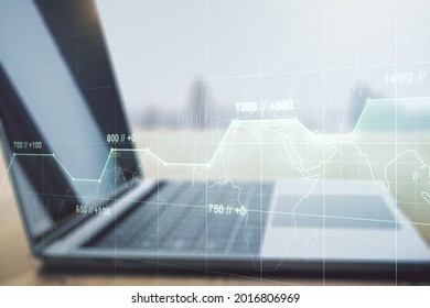 Multi exposure of abstract statistics data hologram interface on computer background, computing and analytics concept