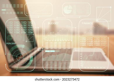 Multi exposure of abstract statistics data hologram interface on computer background, computing and analytics concept