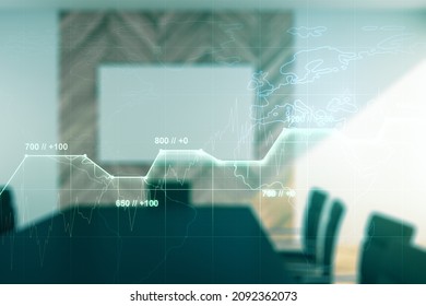 Multi exposure of abstract statistics data hologram interface on a modern furnished office interior background, computing and analytics concept