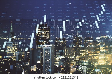 Multi exposure of abstract statistics data hologram interface on San Francisco office buildings background, computing and analytics concept