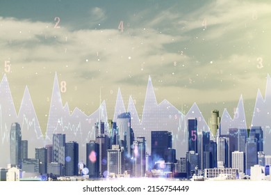 Multi exposure of abstract statistics data hologram interface on Los Angeles office buildings background, computing and analytics concept