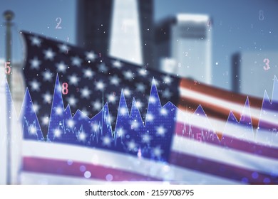 Multi exposure of abstract statistics data hologram interface on US flag and city background, computing and analytics concept