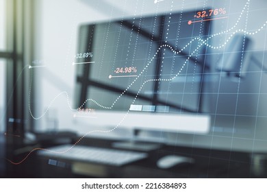 Multi exposure of abstract statistics data hologram interface on computer background, computing and analytics concept
