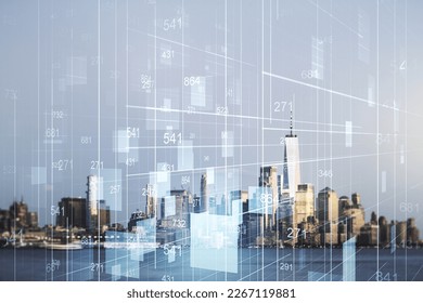 Multi exposure of abstract statistics data hologram interface on Manhattan office buildings background, computing and analytics concept