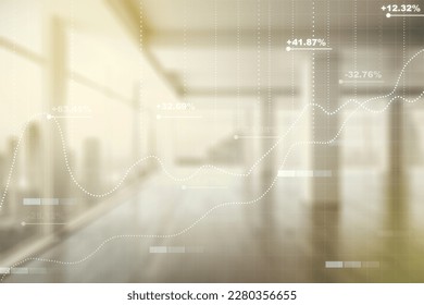 Multi exposure of abstract statistics data hologram interface on abstract empty interior background, computing and analytics concept