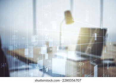 Multi exposure of abstract statistics data hologram interface on computer background, computing and analytics concept
