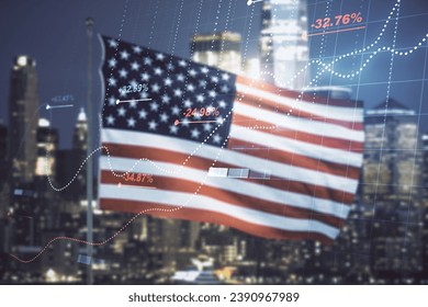 Multi exposure of abstract statistics data hologram interface on US flag and city background, computing and analytics concept