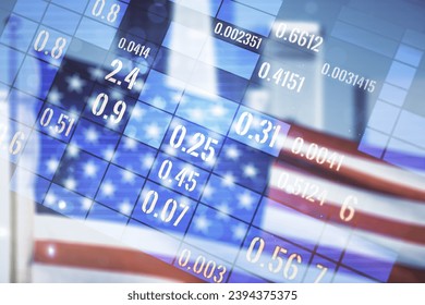Multi exposure of abstract statistics data hologram interface on US flag and city background, computing and analytics concept - Powered by Shutterstock - Get 15% off with code: PIKWIZARD15