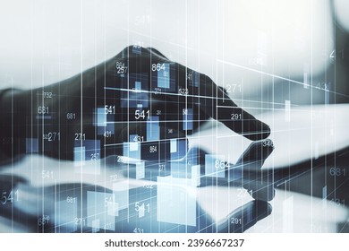 Multi exposure of abstract statistics data hologram interface and hand working with a digital tablet on background, computing and analytics concept