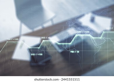 Multi exposure of abstract statistics data hologram interface and modern desk with computer on background, computing and analytics concept