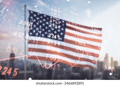 Multi exposure of abstract statistics data hologram interface on US flag and city background, computing and analytics concept