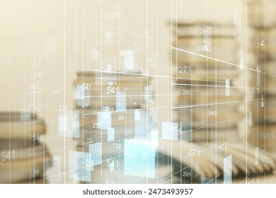 Multi exposure of abstract statistics data hologram interface on growing coins stacks background, computing and analytics concept