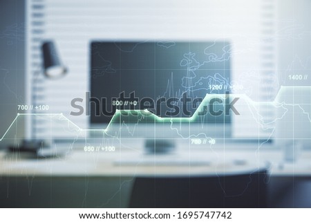Multi exposure of abstract statistics data hologram interface on computer background, computing and analytics concept