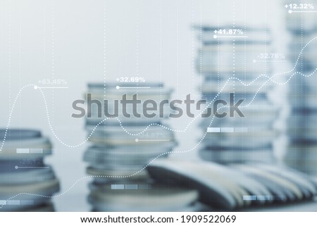 Multi exposure of abstract statistics data hologram interface on growing coins stacks background, computing and analytics concept