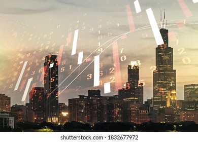 Multi exposure of abstract virtual financial graph hologram on Chicago skyline background, forex and investment concept - Shutterstock ID 1832677972